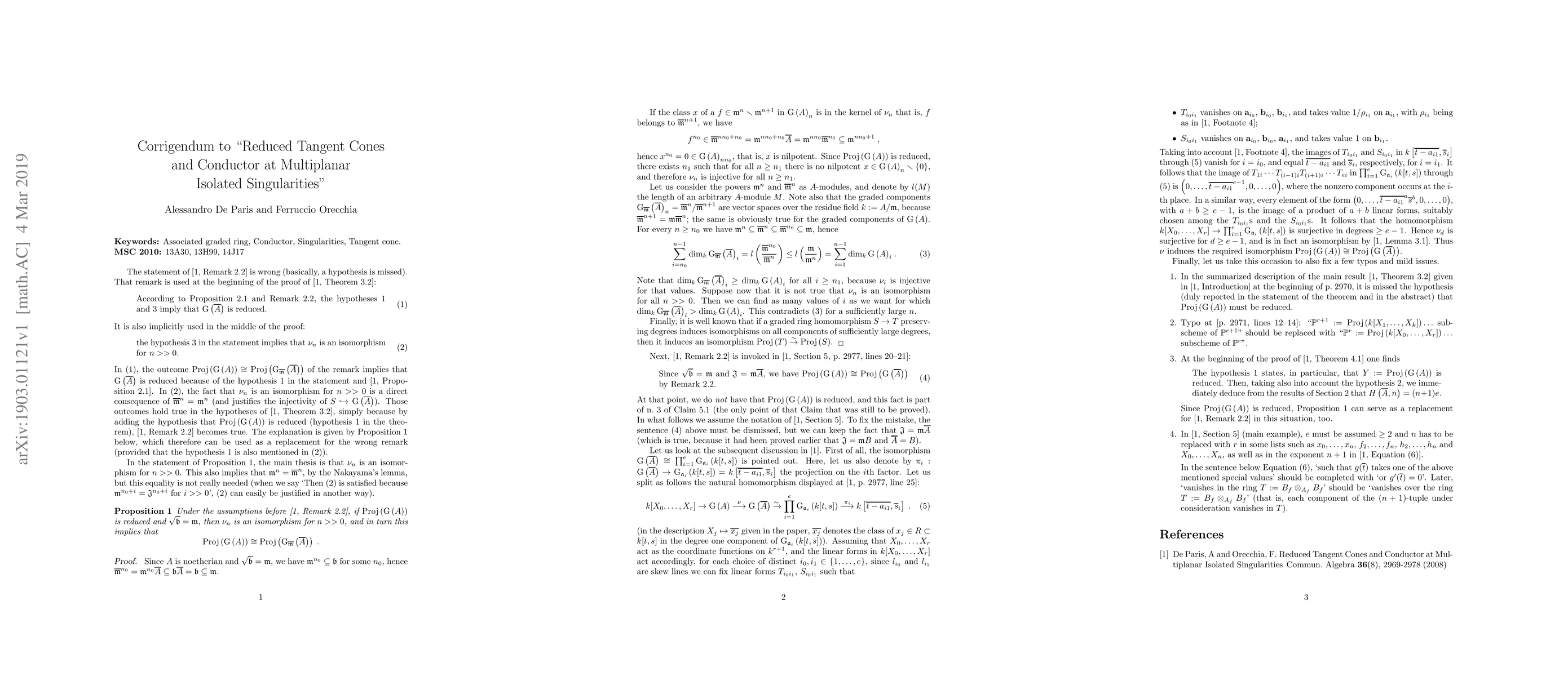 Thumbnail for Corrigendum to "Reduced Tangent Cones and Conductor at Multiplanar
  Isolated Singularities"