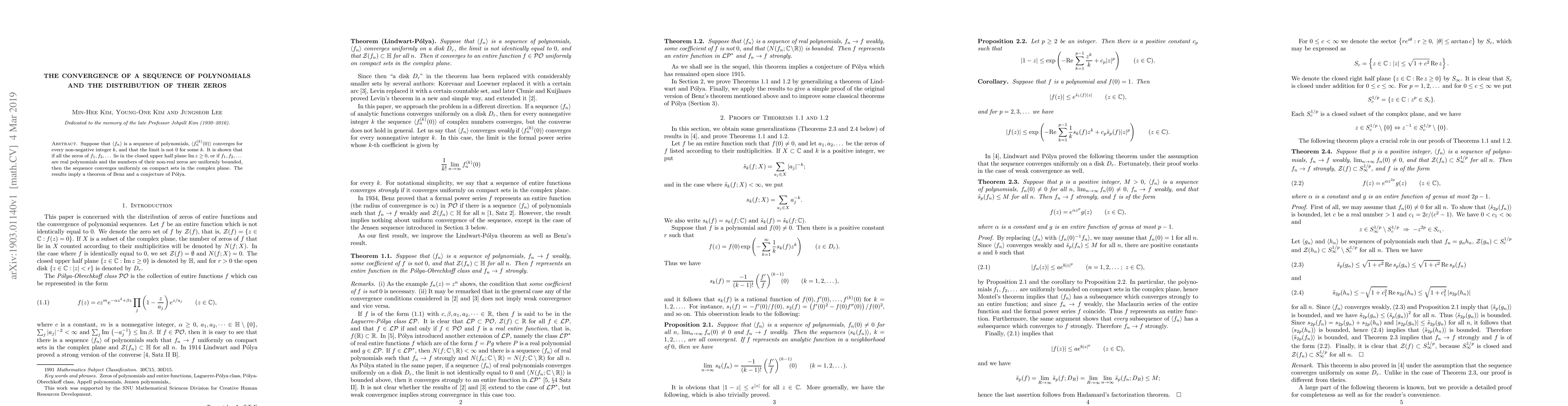 Thumbnail for The convergence of a sequence of polynomials and the distribution of
  their zeros