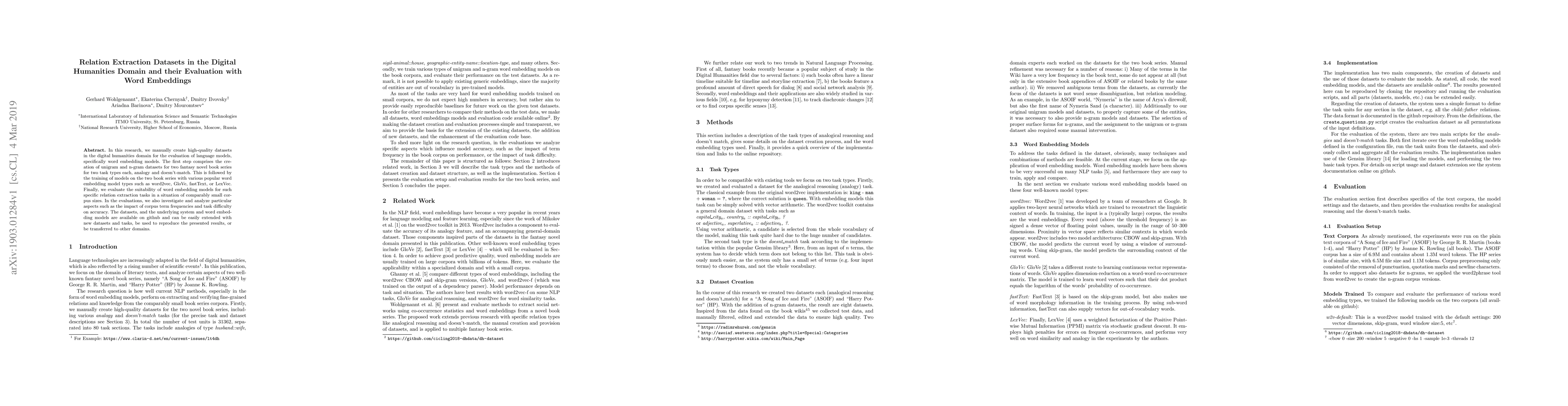 Thumbnail for Relation Extraction Datasets in the Digital Humanities Domain and their
  Evaluation with Word Embeddings