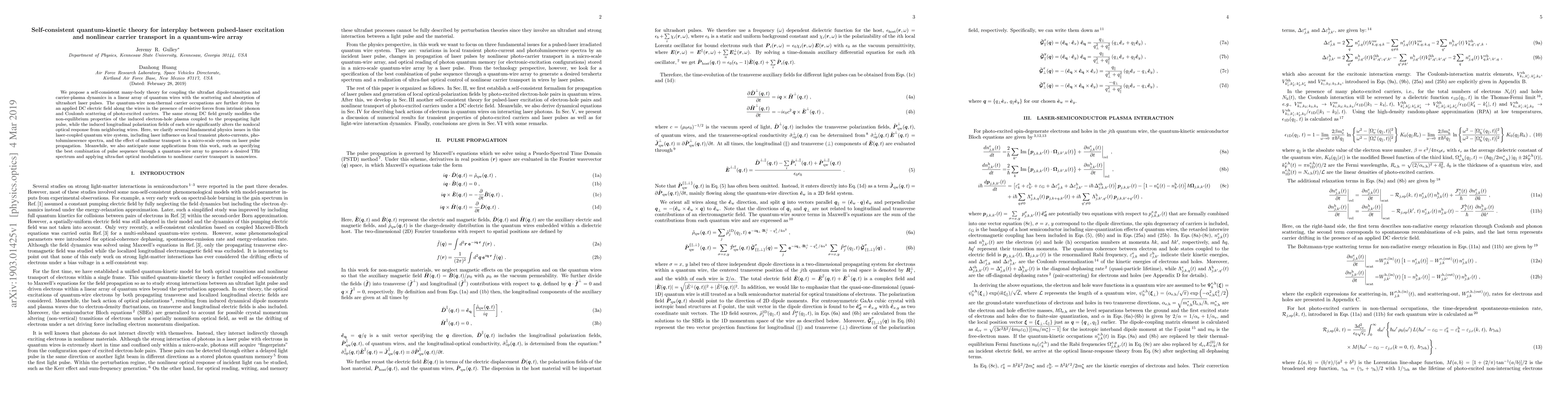 Thumbnail for Self-consistent quantum-kinetic theory for interplay between
  pulsed-laser excitation and nonlinear carrier transport in a quantum-wire
  array