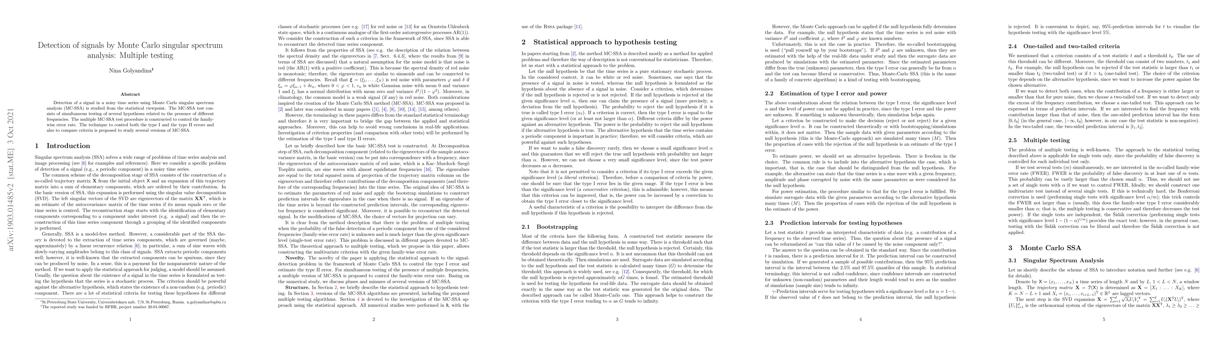 Thumbnail for Detection of signals by Monte Carlo singular spectrum analysis: Multiple
  testing