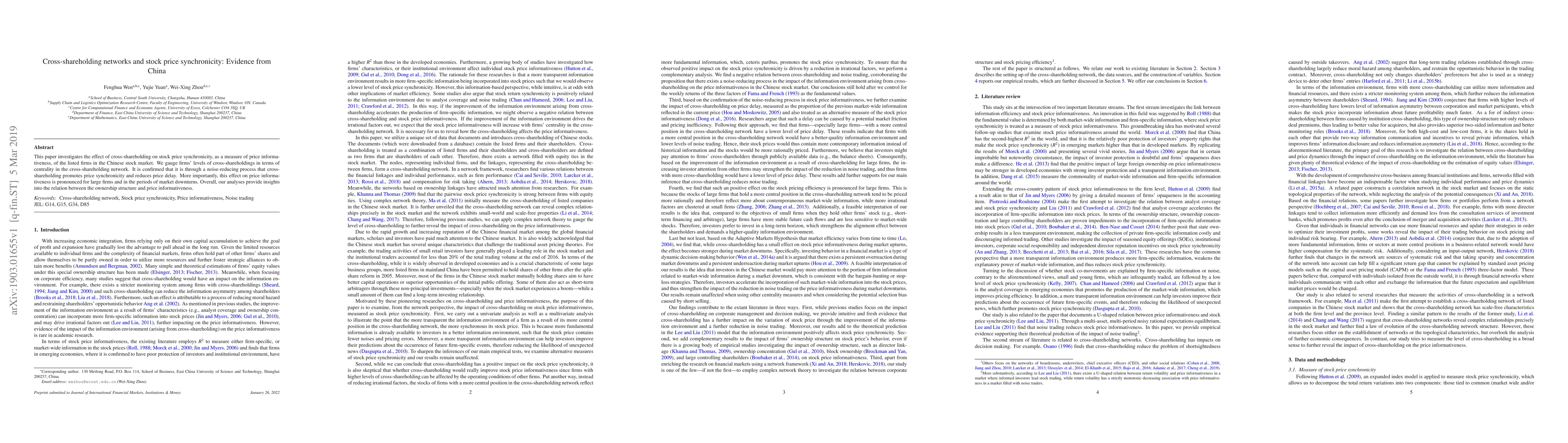 Thumbnail for Cross-shareholding networks and stock price synchronicity: Evidence from
  China