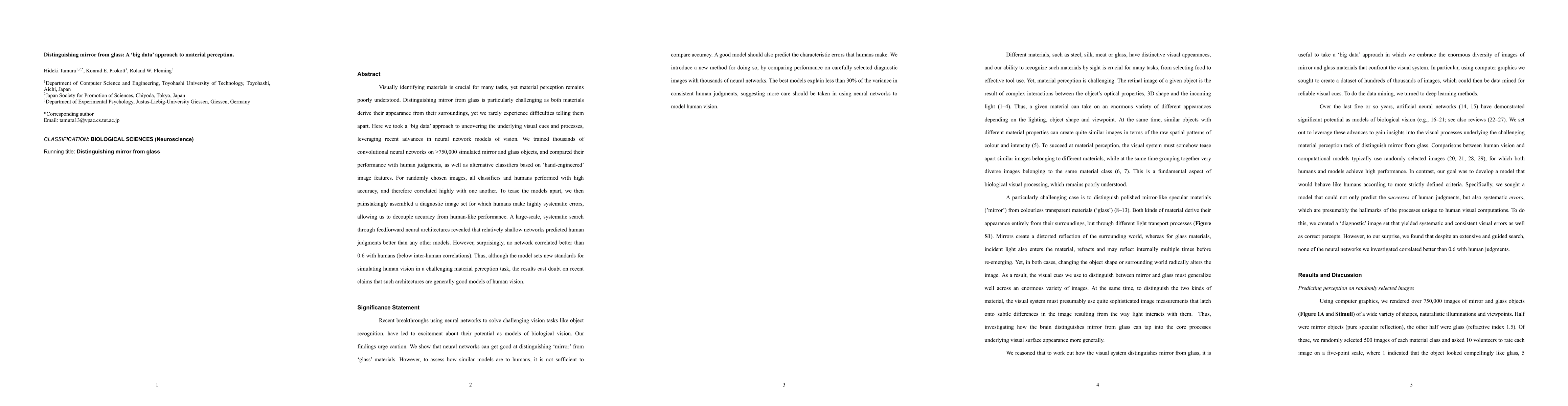 Thumbnail for Distinguishing mirror from glass: A 'big data' approach to material
  perception