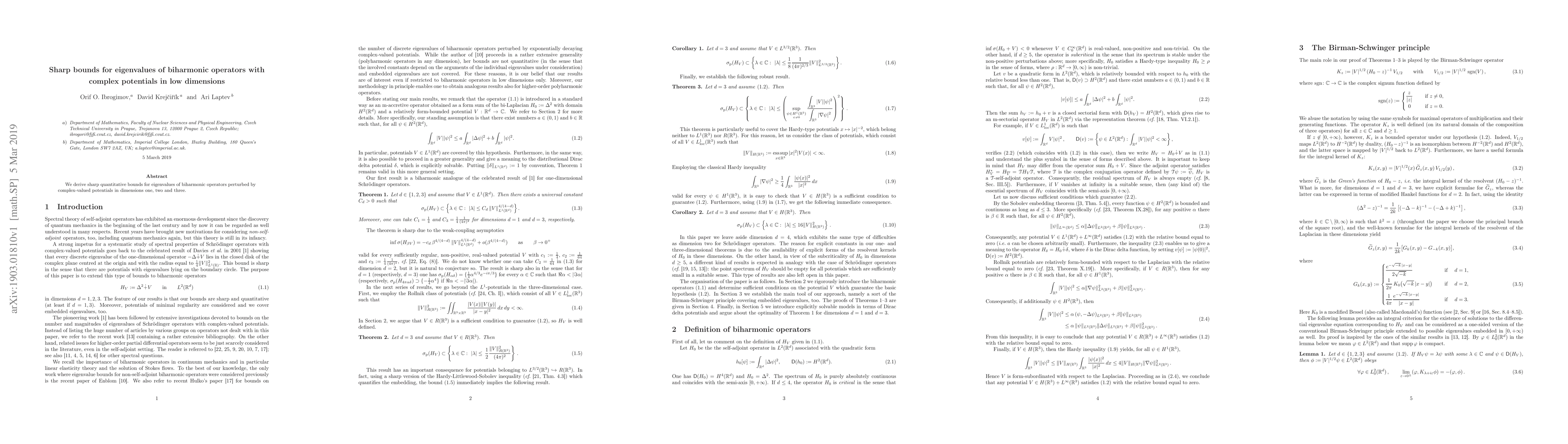 Thumbnail for Sharp bounds for eigenvalues of biharmonic operators with complex
  potentials in low dimensions