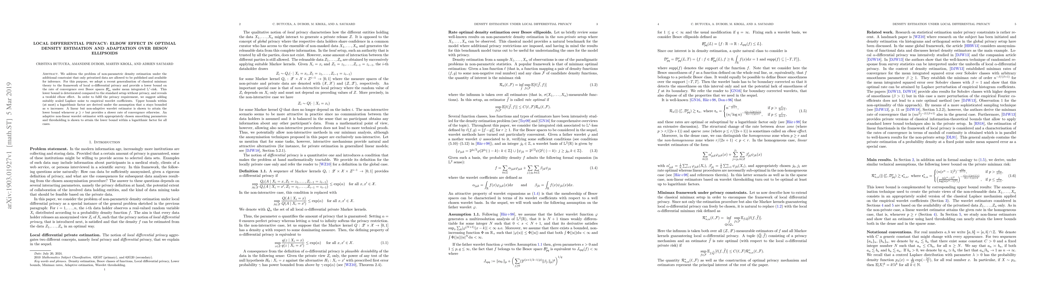 Thumbnail for Local differential privacy: Elbow effect in optimal density estimation
  and adaptation over Besov ellipsoids