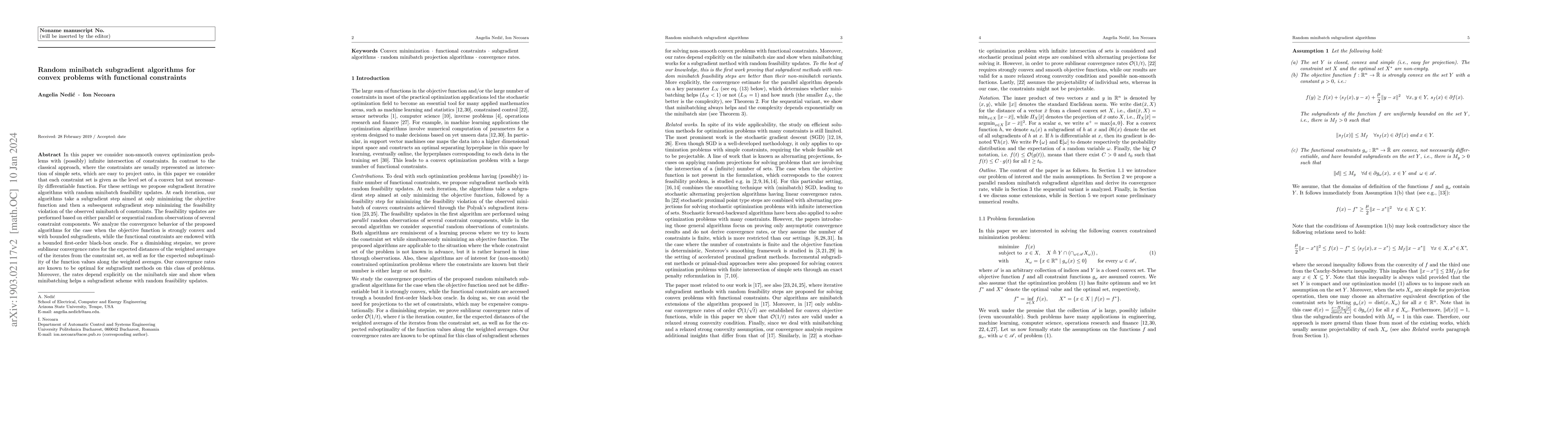 Thumbnail for Random minibatch subgradient algorithms for convex problems with
  functional constraints