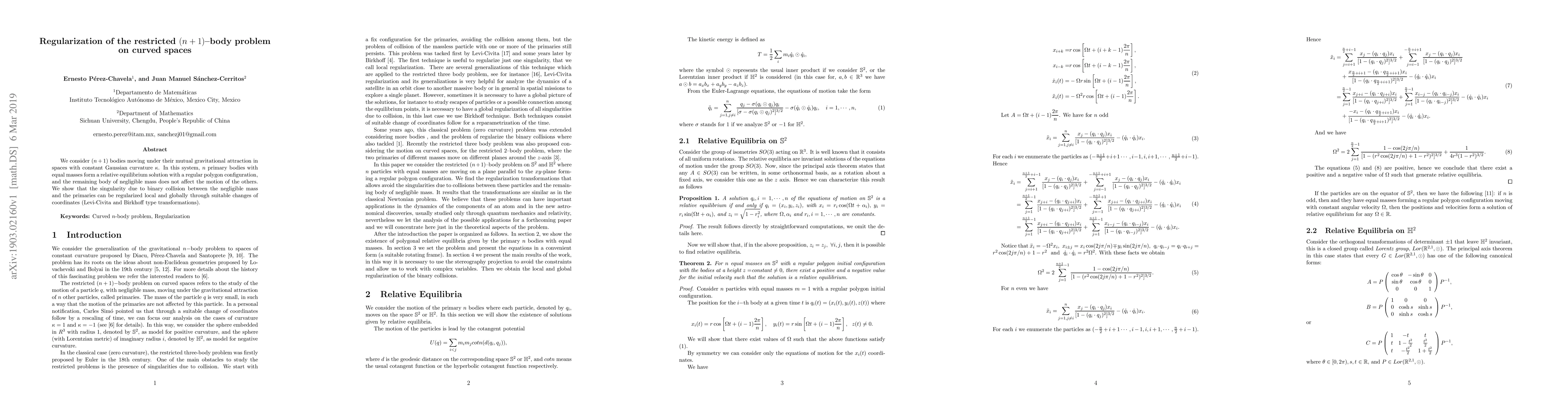 Thumbnail for Regularization of the restricted $(n+1)$-body problem on curved spaces