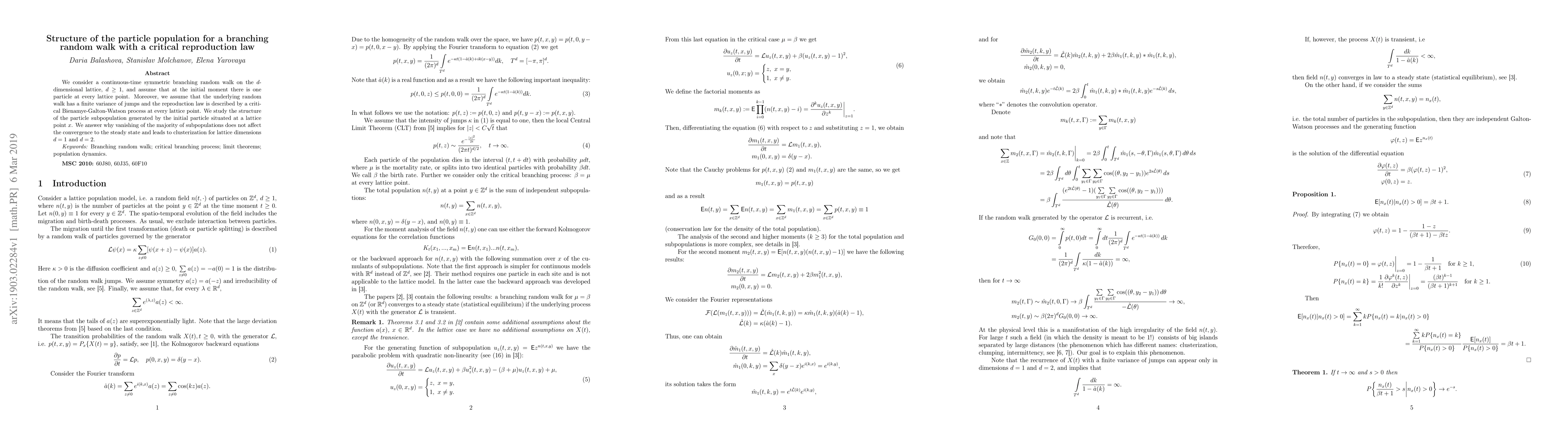 Thumbnail for Structure of the particle population for a branching random walk with a
  critical reproduction law