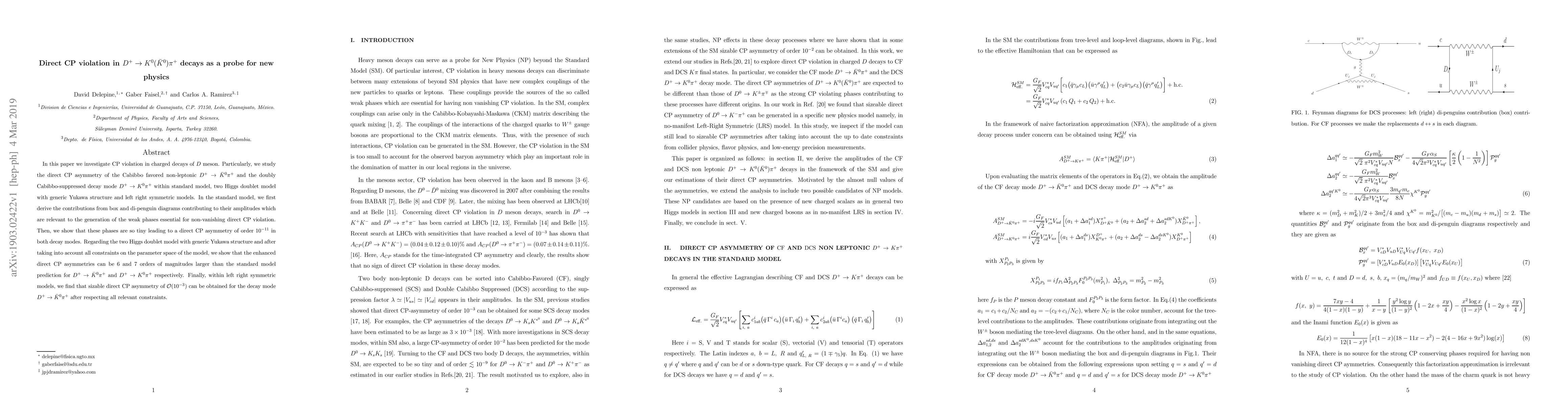 Thumbnail for Direct CP violation in $D^+ \to K^0(\bar K^0) \pi^+$ decays as a probe
  for new physics