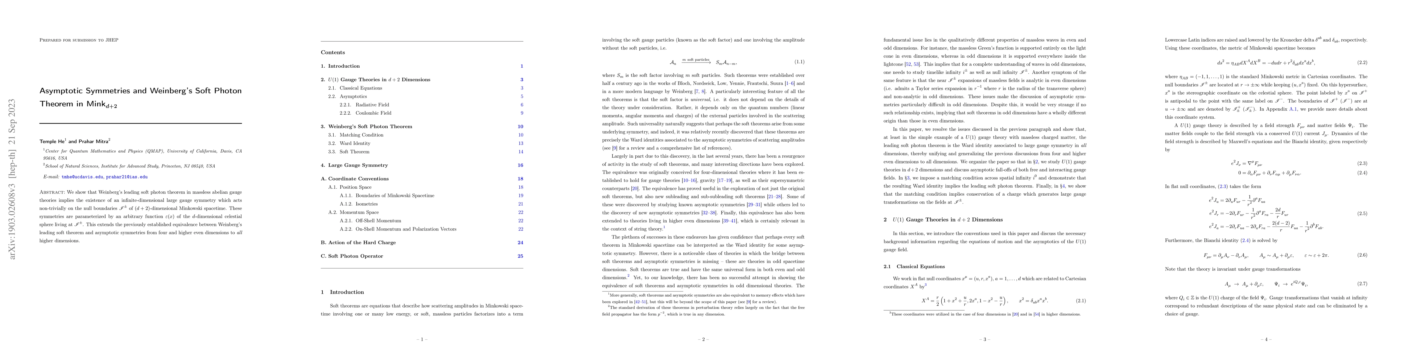 Thumbnail for Asymptotic Symmetries and Weinberg's Soft Photon Theorem in Mink$_{d+2}$