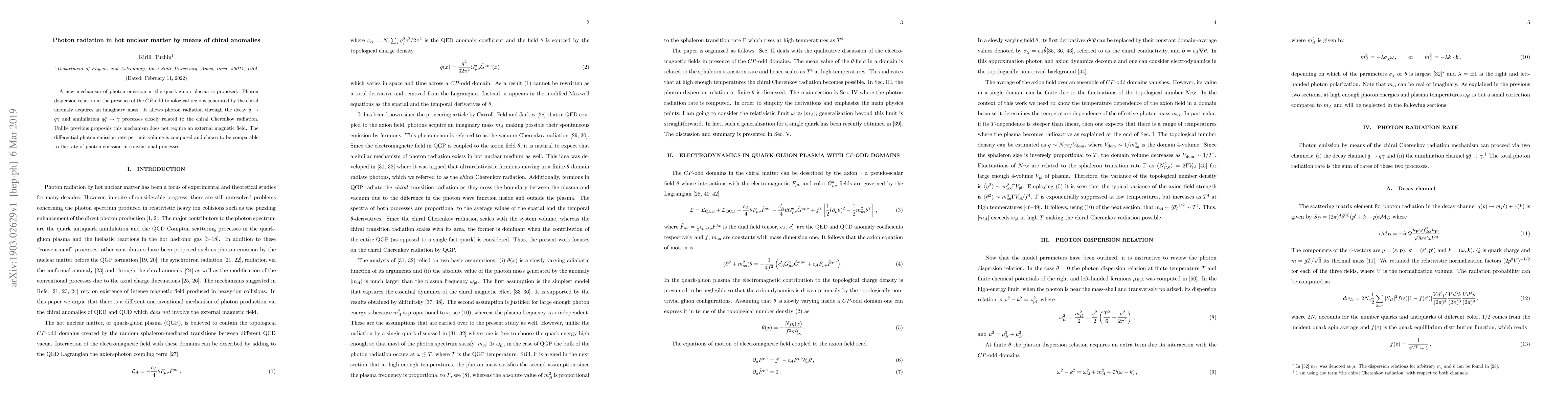 Thumbnail for Photon radiation in hot nuclear matter by means of chiral anomalies