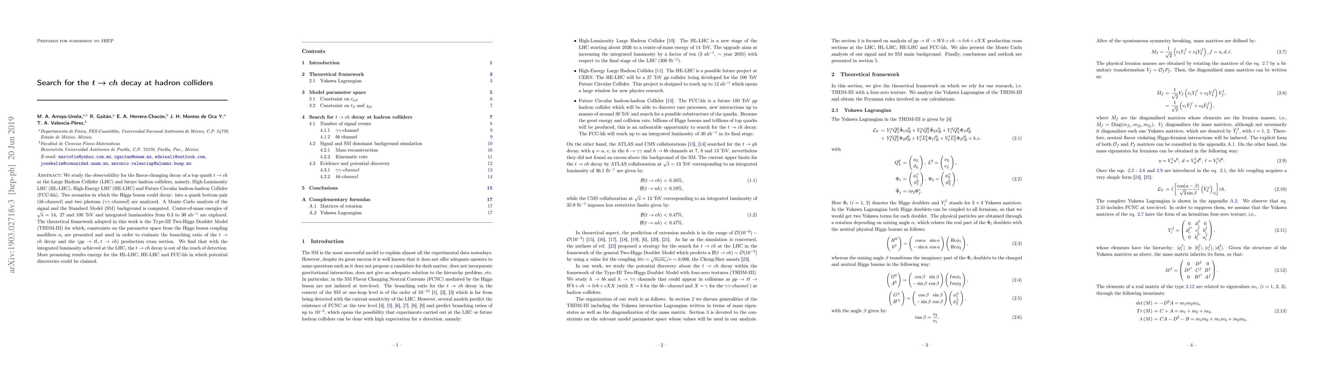 Thumbnail for Search for the $t\to ch$ decay at hadron colliders