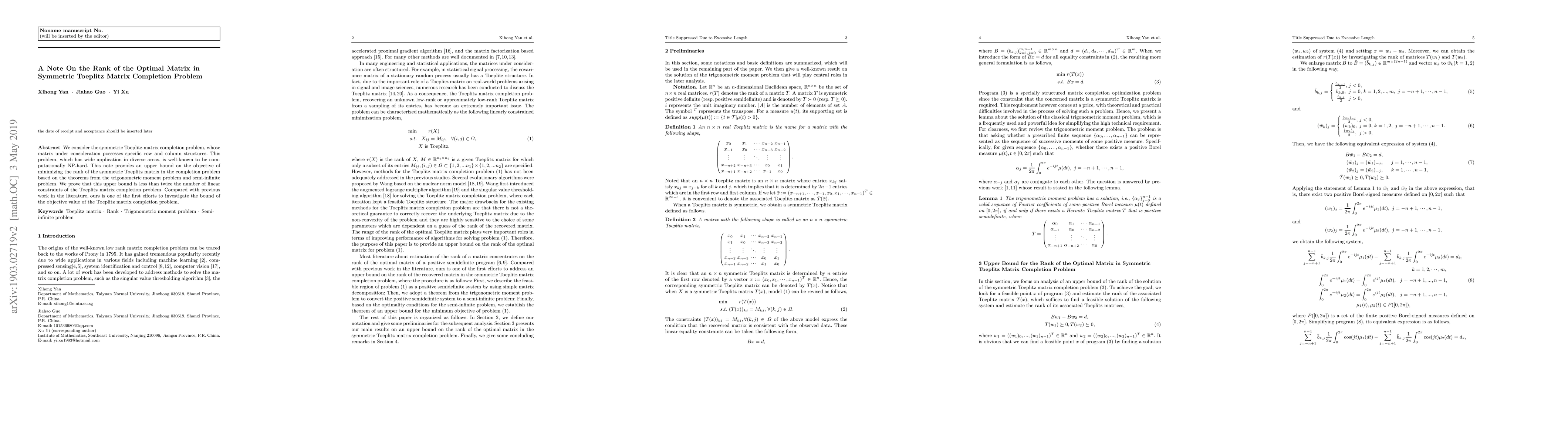 Thumbnail for A Note On the Rank of the Optimal Matrix in Symmetric Toeplitz Matrix
  Completion Problem