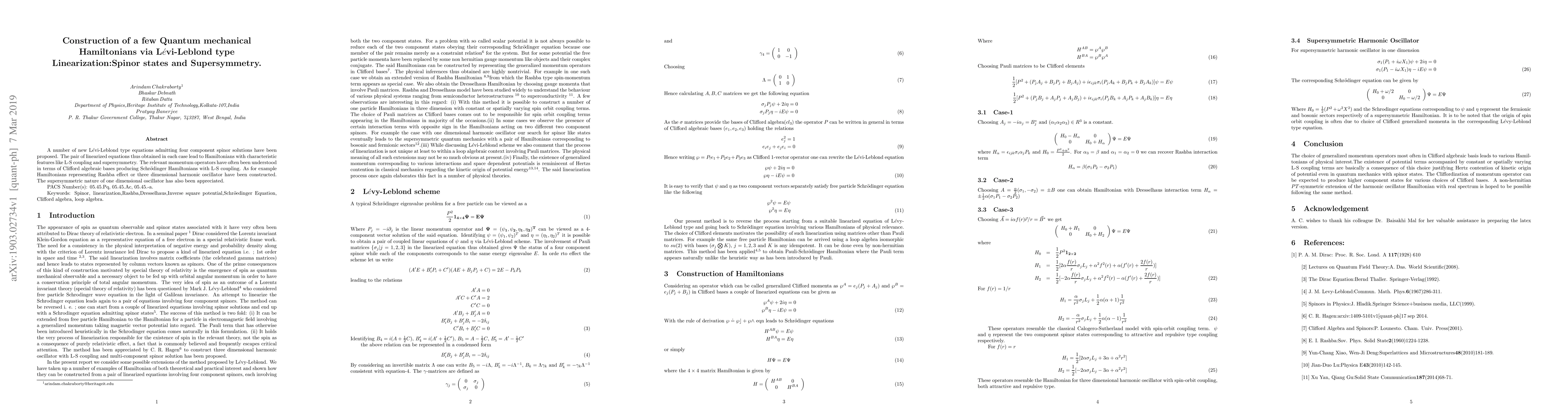 Thumbnail for Construction of a few Quantum mechanical Hamiltonians via
  L$\acute{e}$vi-Leblond type Linearization:Spinor states and Supersymmetry