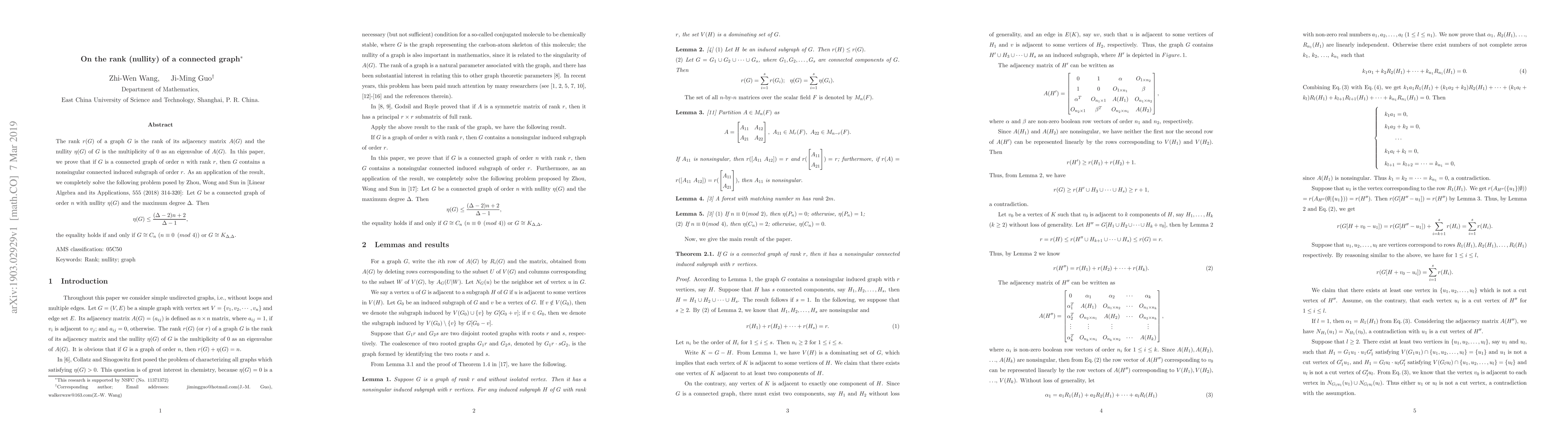 Thumbnail for On the rank (nullity) of a connected graph