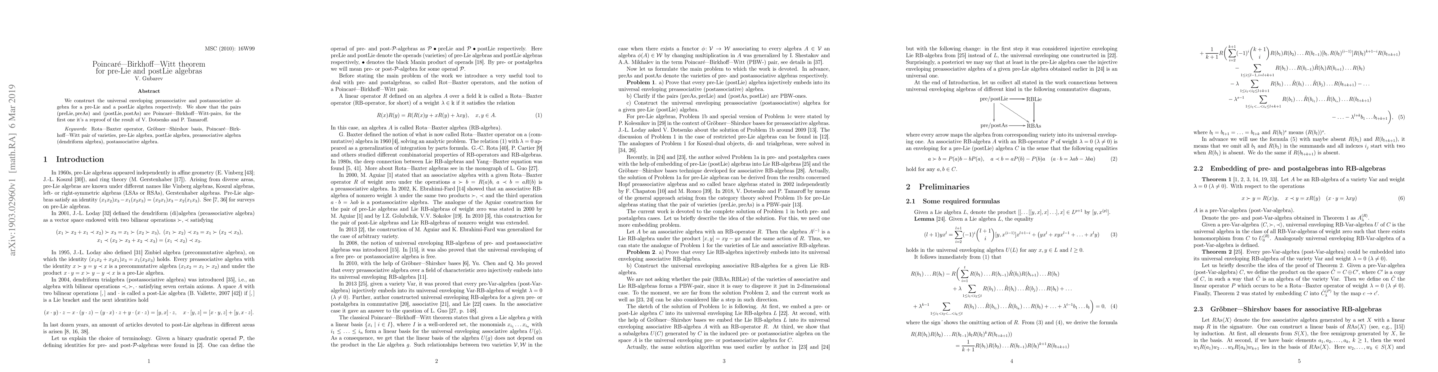 Thumbnail for Poincare-Birkhoff-Witt theorem for pre-Lie and postLie algebras