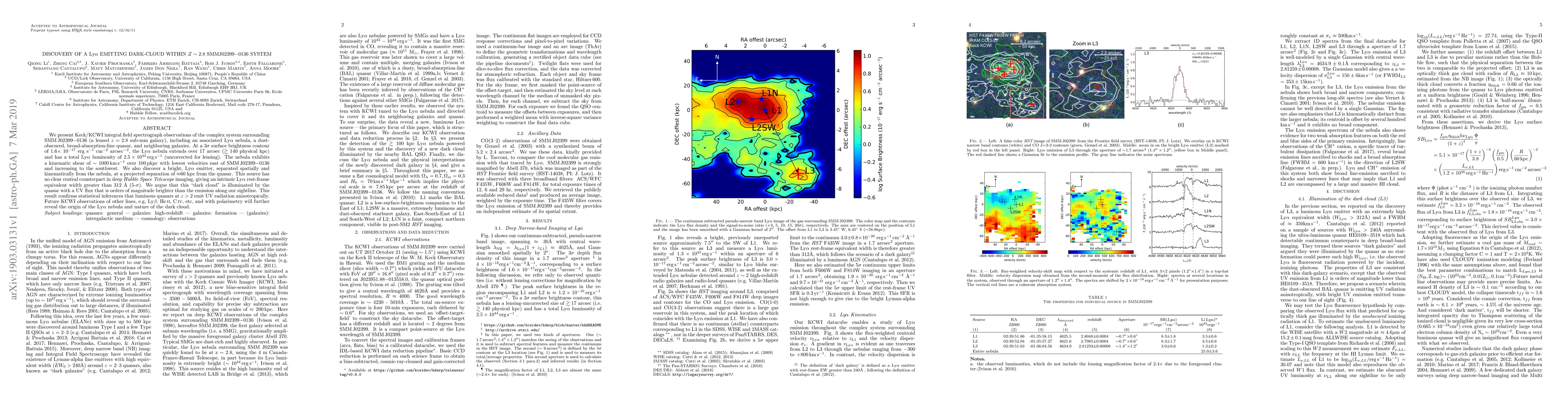 Thumbnail for Discovery of a Lya emitting dark-cloud within z ~ 2.8 SMMJ02399-0136
  system