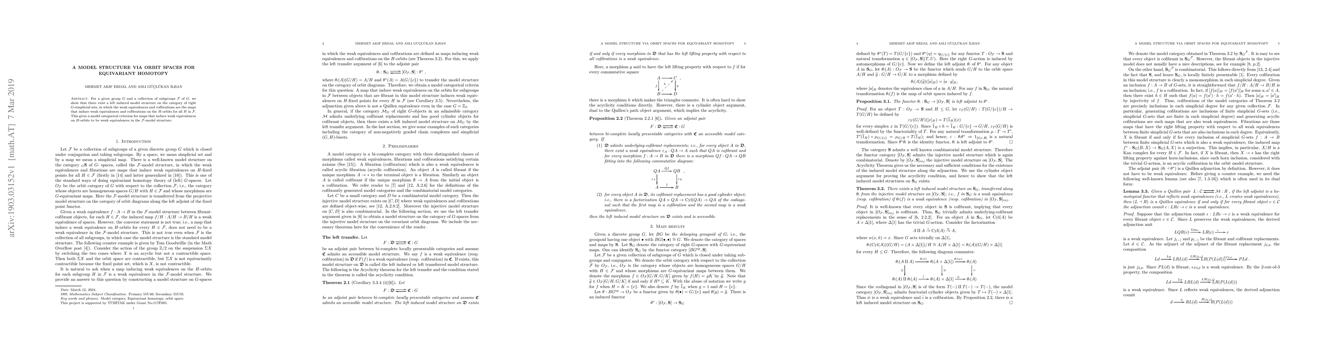 Thumbnail for A model structure via orbit spaces for equivariant homotopy