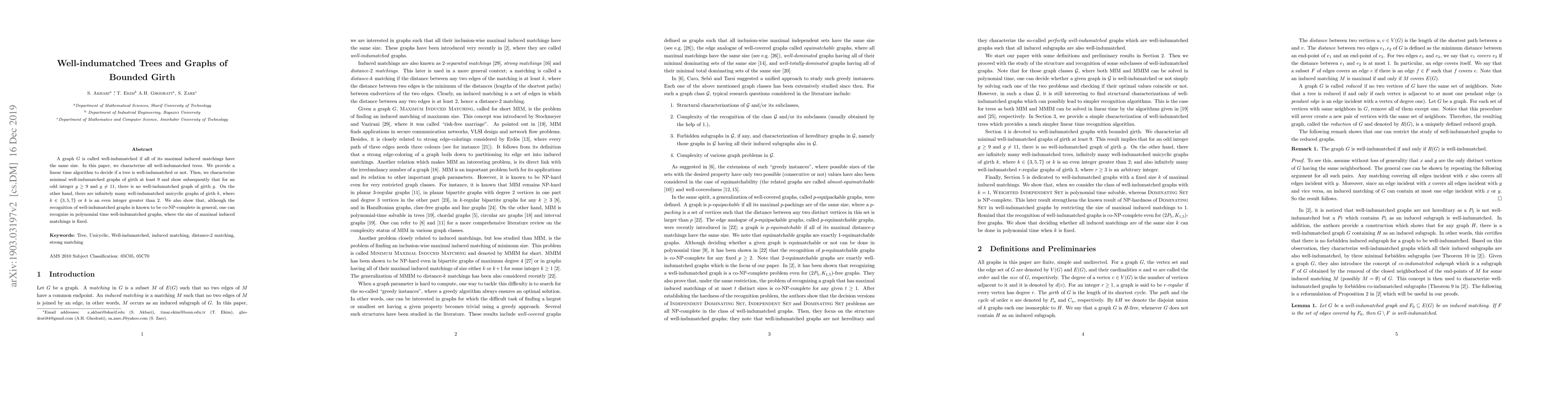 Thumbnail for Well-indumatched Trees and Graphs of Bounded Girth
