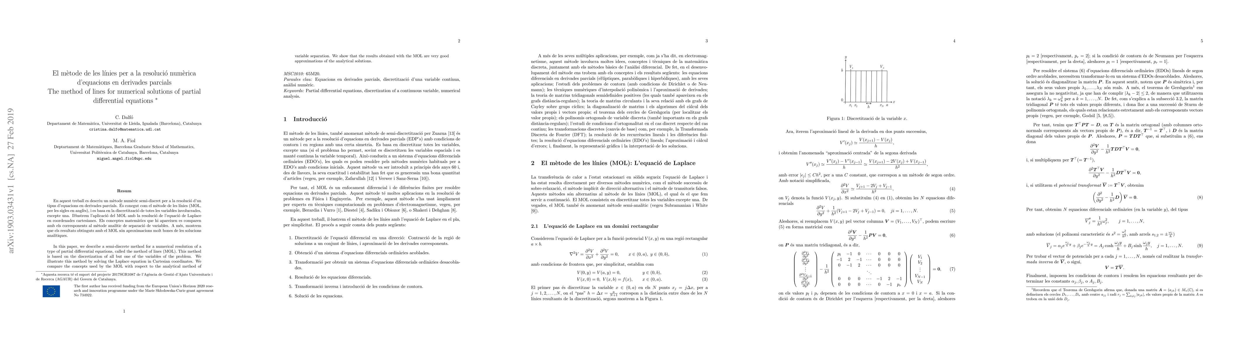 Thumbnail for El m\`etode de les l\'inies per a la resoluci\'o num\`erica d'equacions
  en derivades parcials. The method of lines for numerical solutions of partial
  differential equations
