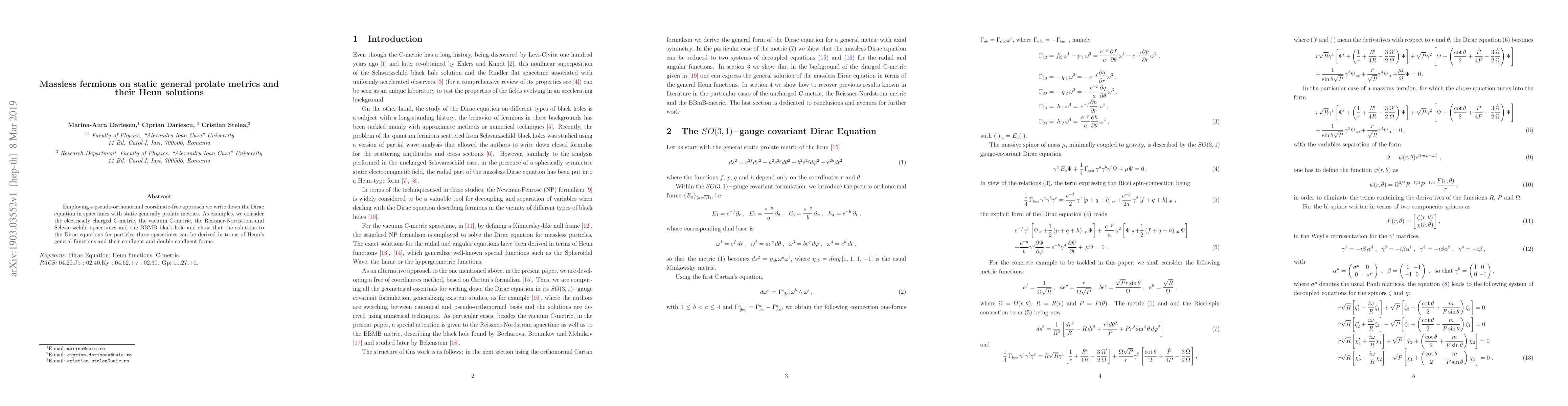 Thumbnail for Massless fermions on static general prolate metrics and their Heun
  solutions