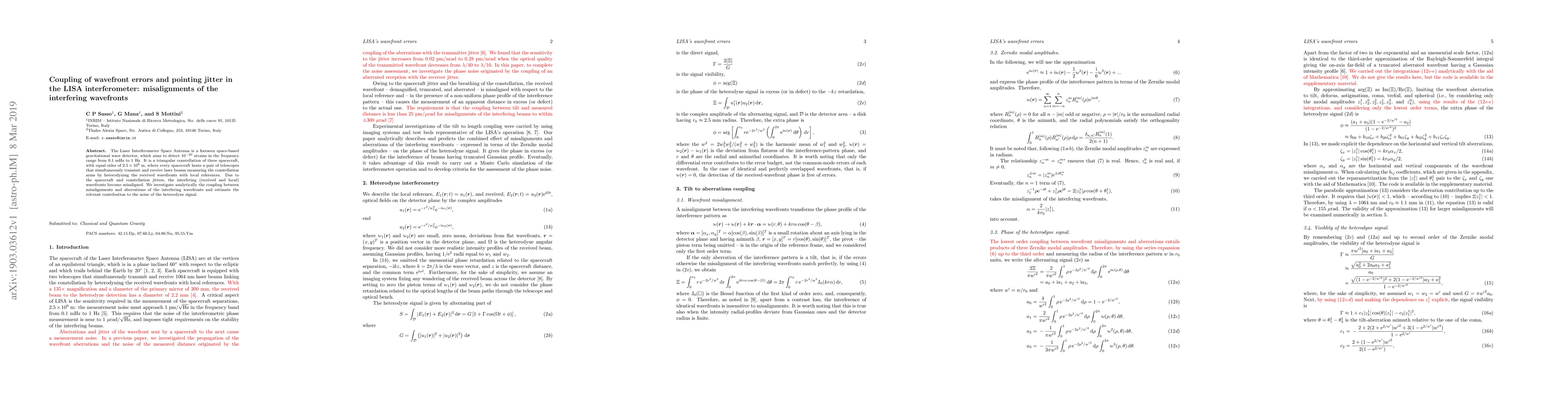 Thumbnail for Coupling of wavefront errors and pointing jitter in the LISA
  interferometer: misalignments of the interfering wavefronts