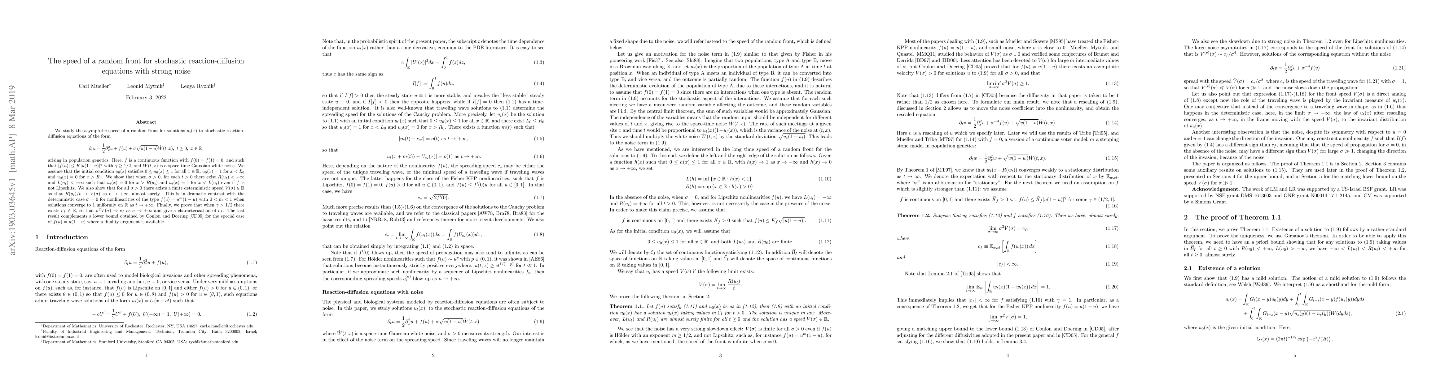 Thumbnail for The speed of a random front for stochastic reaction-diffusion equations
  with strong noise