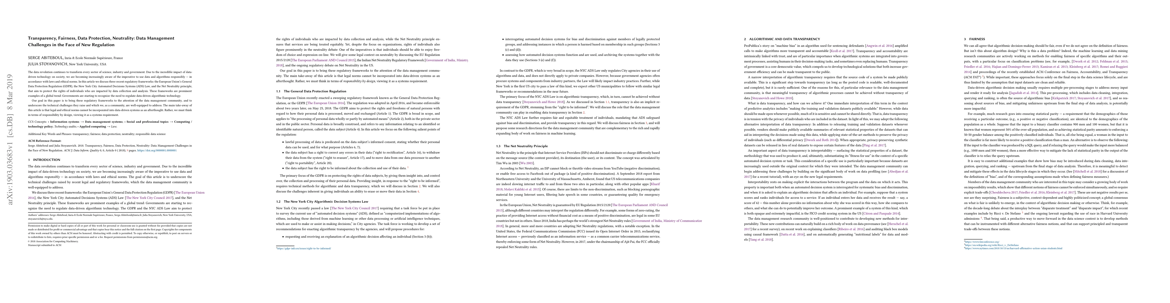 Thumbnail for Transparency, Fairness, Data Protection, Neutrality: Data Management
  Challenges in the Face of New Regulation