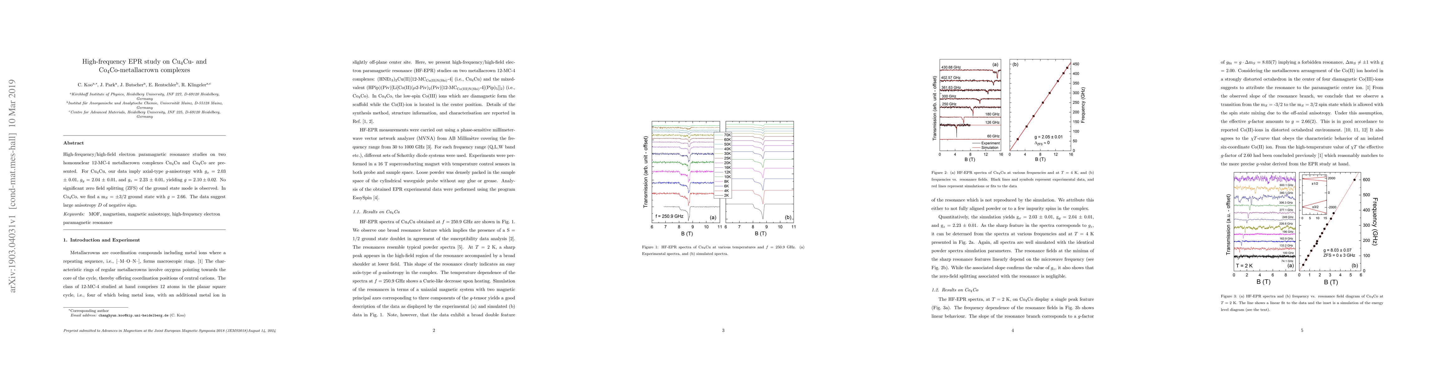 Thumbnail for High-frequency EPR study on Cu$_4$Cu- and Co$_4$Co-metallacrown
  complexes