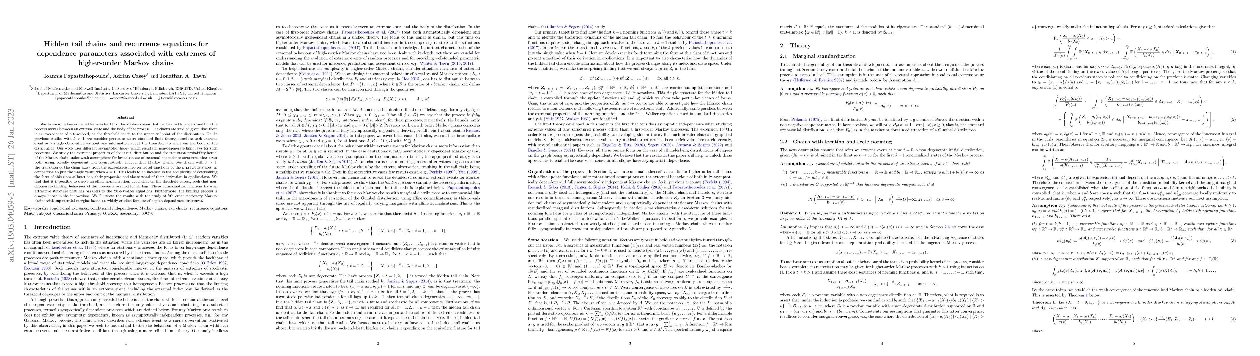 Thumbnail for Hidden tail chains and recurrence equations for dependence parameters
  associated with extremes of higher-order Markov chains