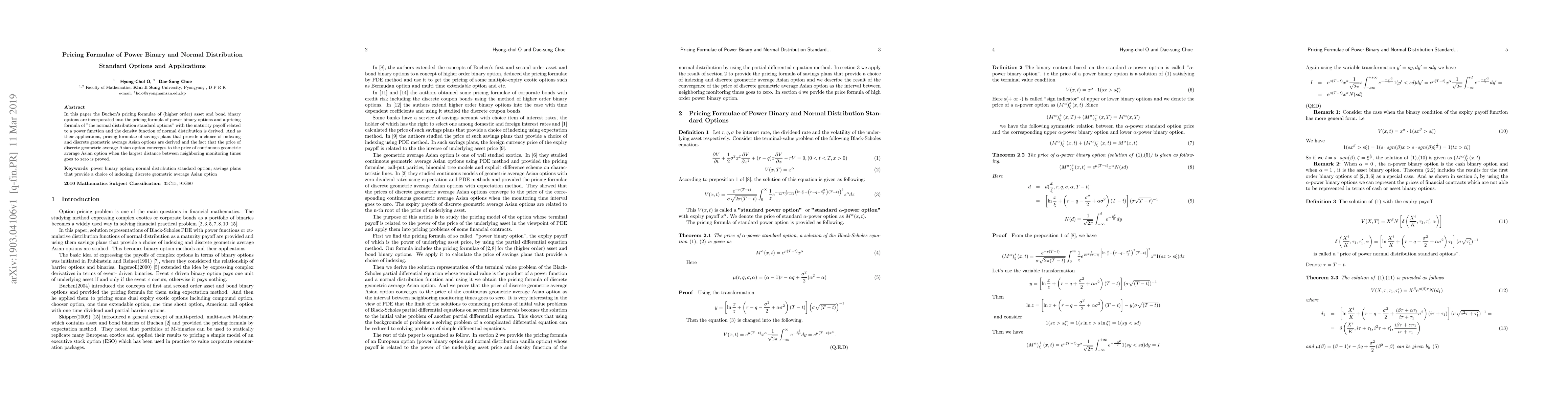 Thumbnail for Pricing Formulae of Power Binary and Normal Distribution Standard
  Options and Applications
