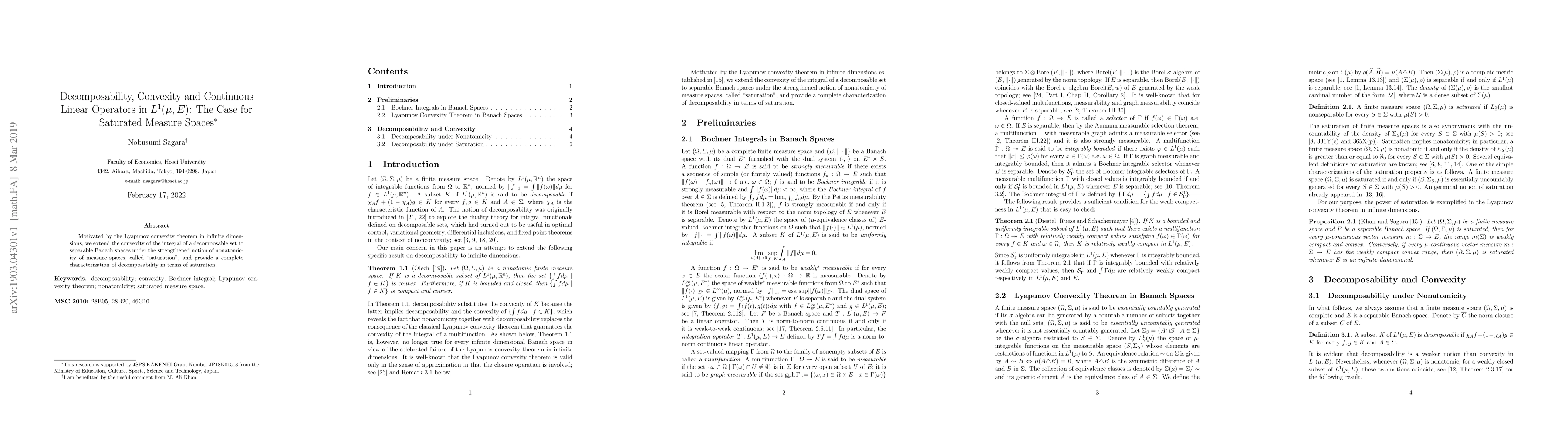 Thumbnail for Decomposability, Convexity and Continuous Linear Operators in
  $L^1(\mu,E)$: The Case for Saturated Measure Spaces