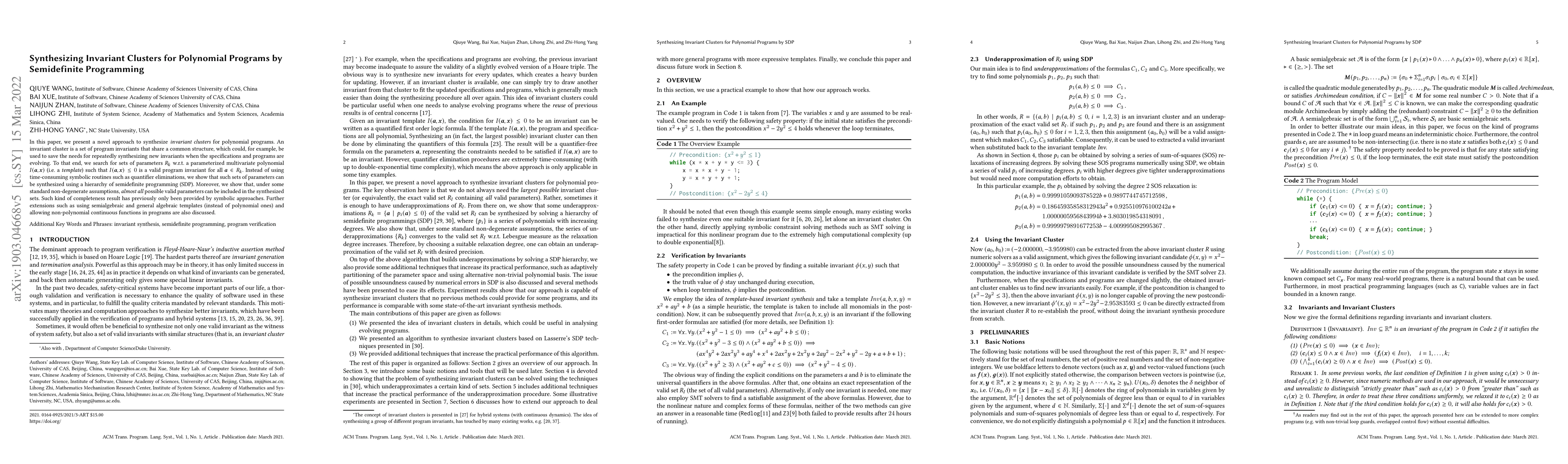 Thumbnail for Synthesizing Invariant Clusters for Polynomial Programs by Semidefinite
  Programming