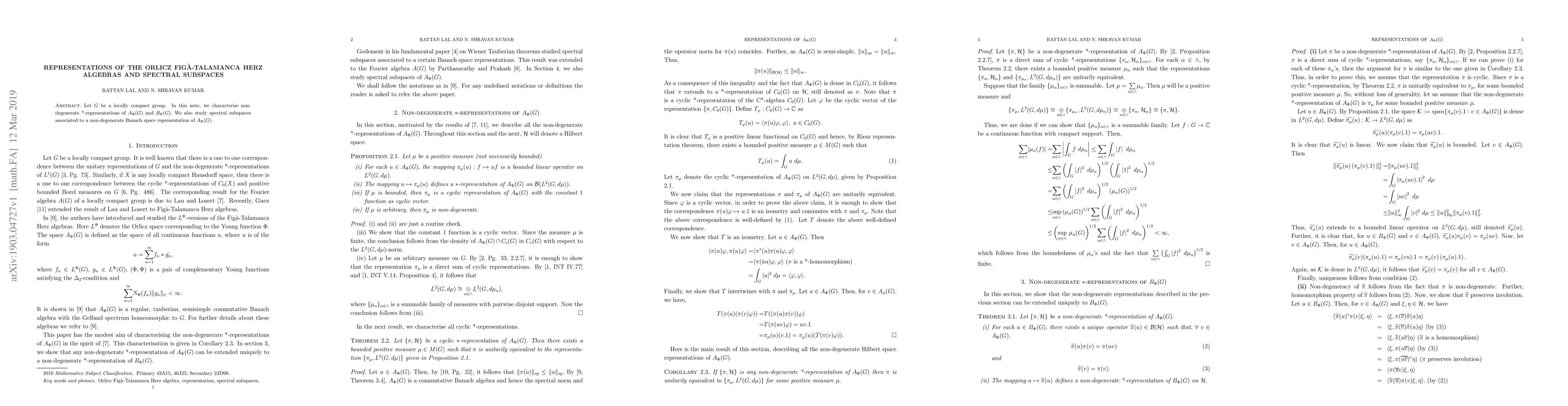 Thumbnail for Representations of the Orlicz Figa-Talamanca Herz Algebras and Spectral
  subspaces