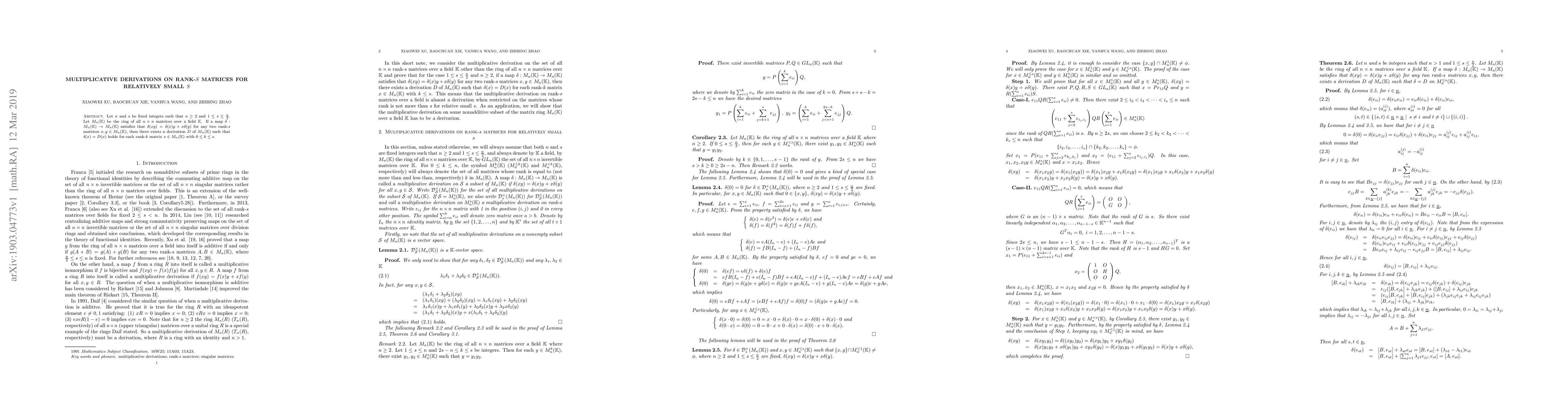 Thumbnail for Multiplicative derivations on rank-$s$ matrices for relatively small $s$
