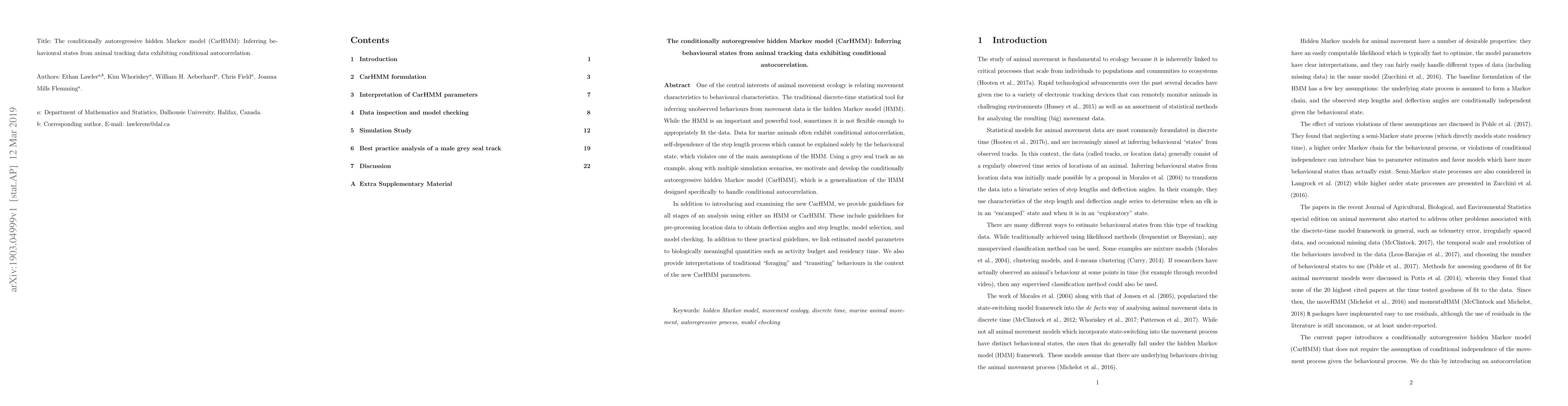 Thumbnail for The conditionally autoregressive hidden Markov model (CarHMM): Inferring
  behavioural states from animal tracking data exhibiting conditional
  autocorrelation