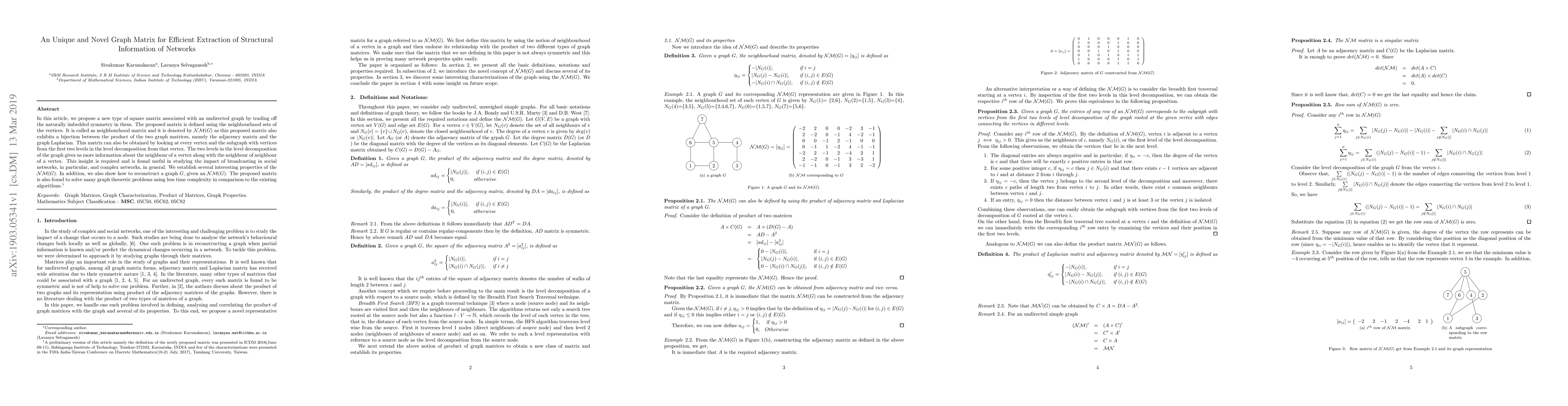 Thumbnail for An Unique and Novel Graph Matrix for Efficient Extraction of Structural
  Information of Networks