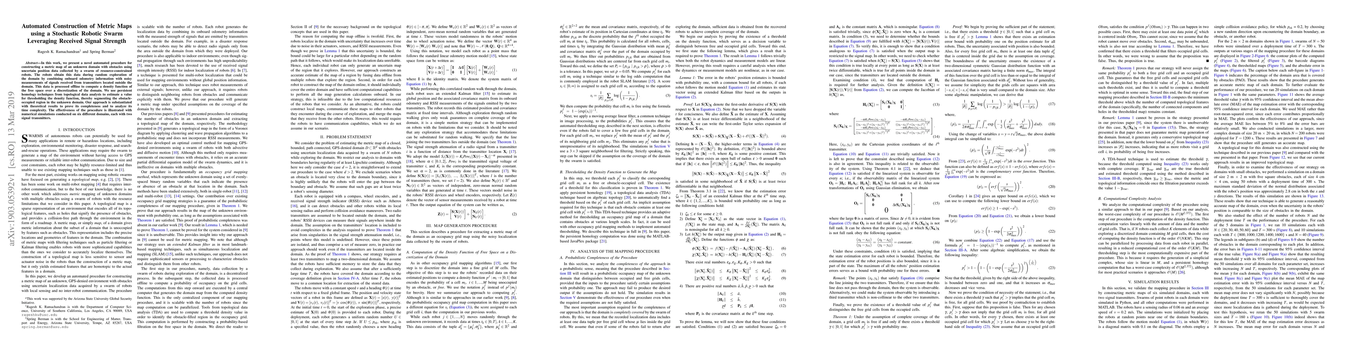 Thumbnail for Automated Construction of Metric Maps using a Stochastic Robotic Swarm
  Leveraging Received Signal Strength
