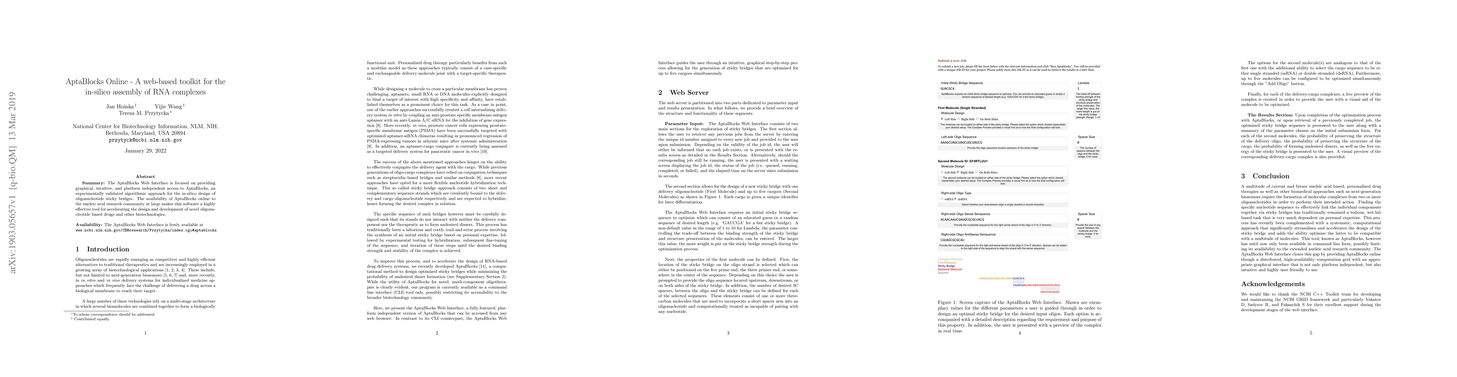 Thumbnail for AptaBlocks Online - A web-based toolkit for the in-silico assembly of
  RNA complexes