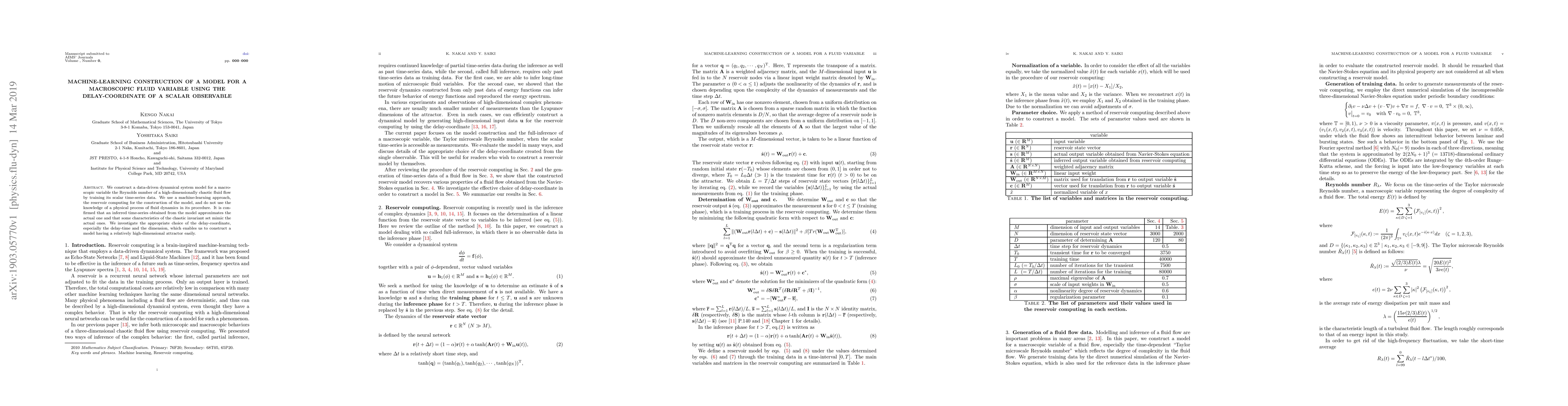 Thumbnail for Machine-learning construction of a model for a macroscopic fluid
  variable using the delay-coordinate of a scalar observable