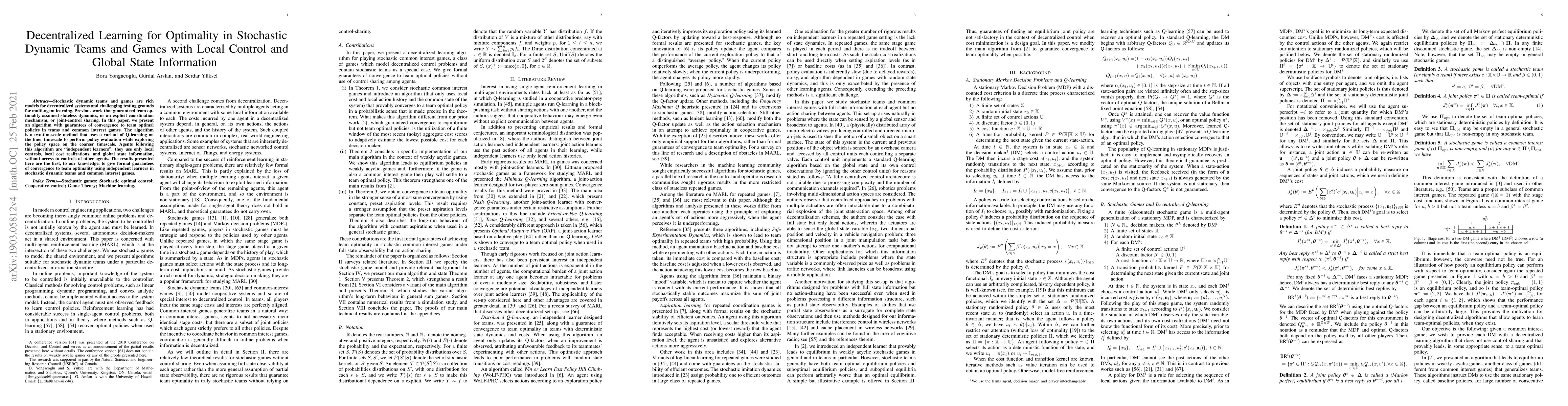Thumbnail for Decentralized Learning for Optimality in Stochastic Dynamic Teams and
  Games with Local Control and Global State Information