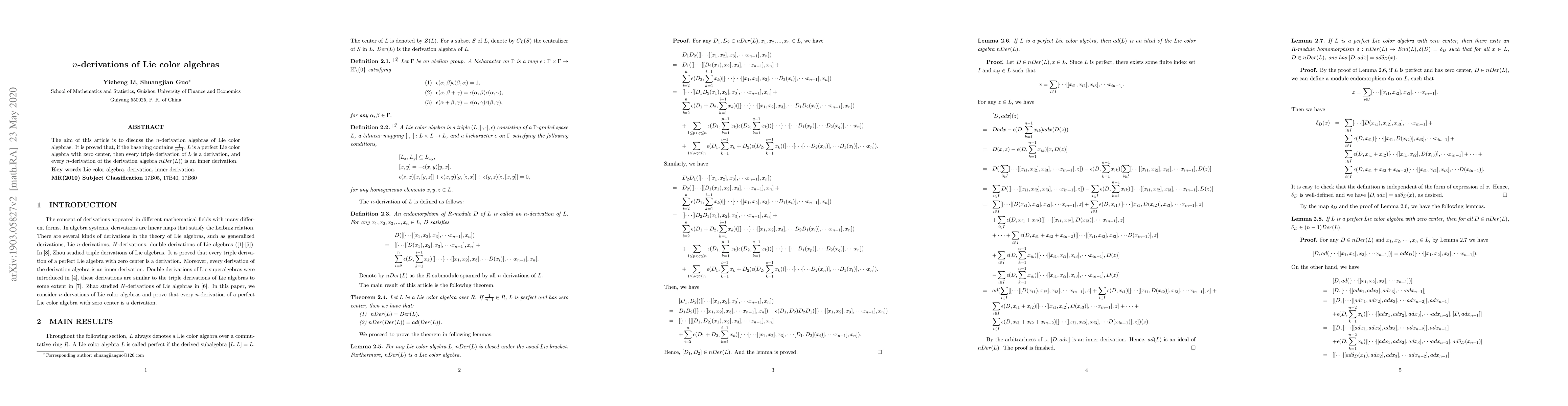 Thumbnail for $n$-dervations of Lie color algebras