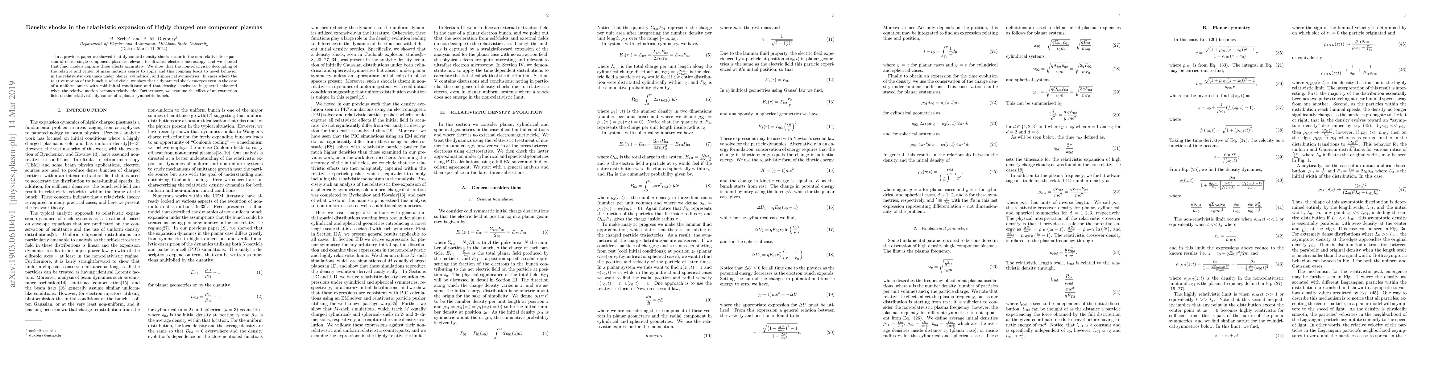 Thumbnail for Density shocks in the relativistic expansion of highly charged one
  component plasmas