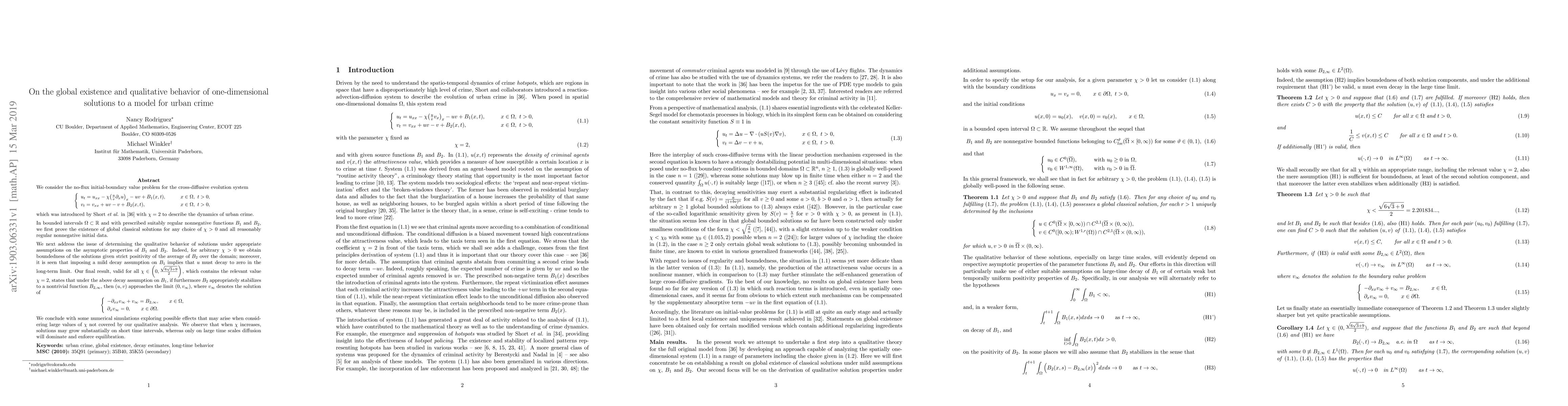 Thumbnail for On the global existence and qualitative behavior of one-dimensional
  solutions to a model for urban crime