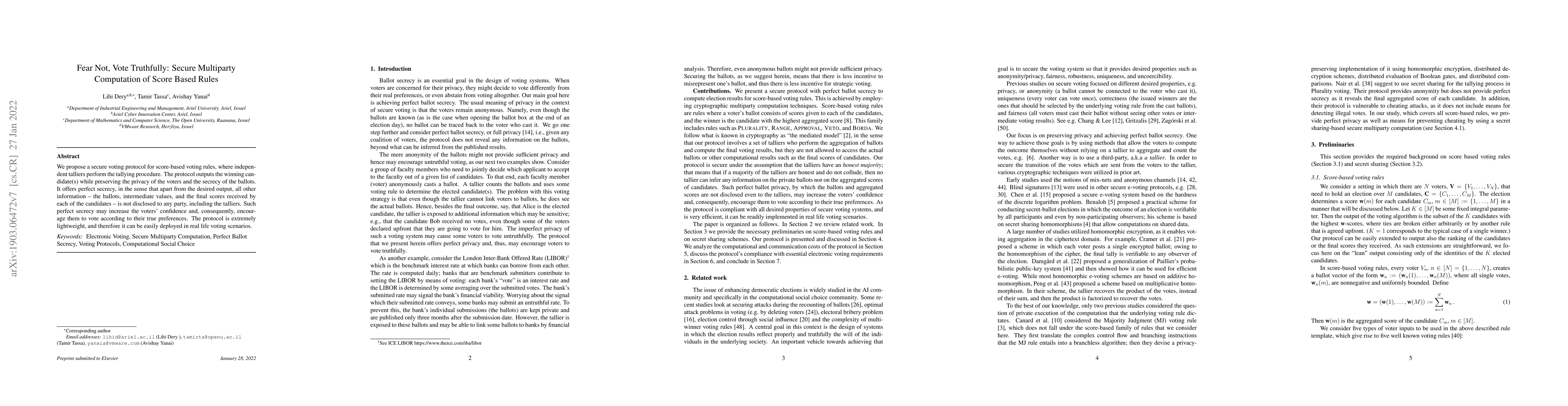 Thumbnail for Fear Not, Vote Truthfully: Secure Multiparty Computation of Score Based
  Rules