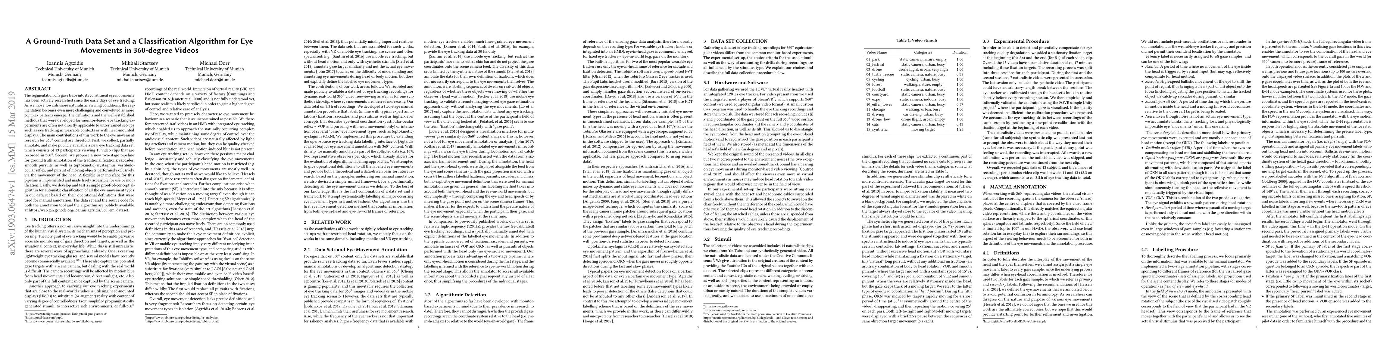 Thumbnail for A Ground-Truth Data Set and a Classification Algorithm for Eye Movements
  in 360-degree Videos