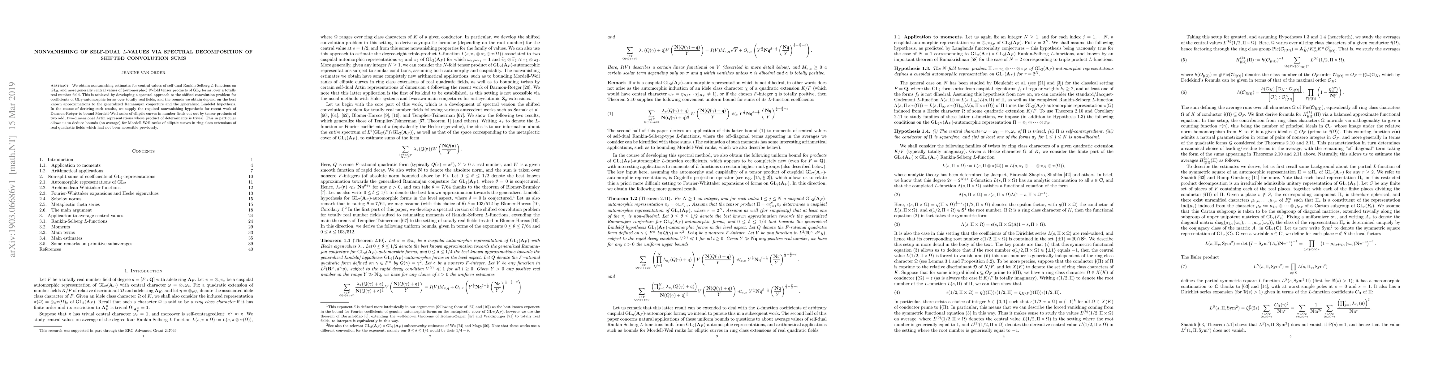Thumbnail for Nonvanishing of self-dual $L$-values via spectral decomposition of
  shifted convolution sums