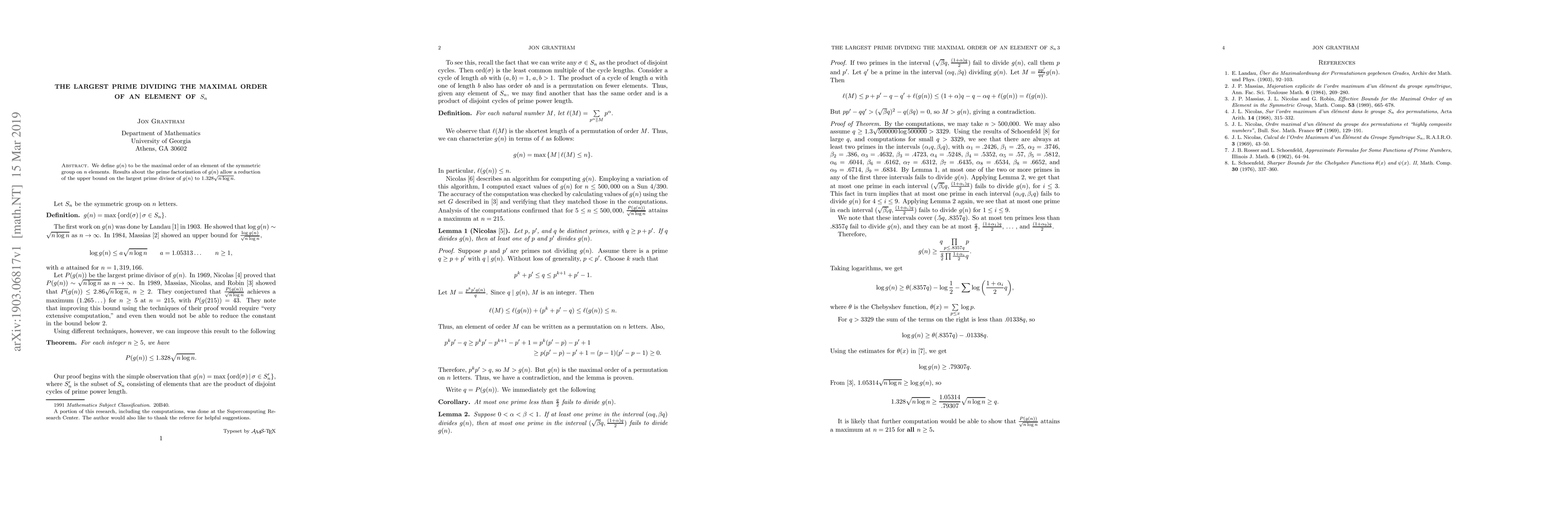 Thumbnail for The Largest Prime Dividing the Maximal Order of an Element of $S_n$