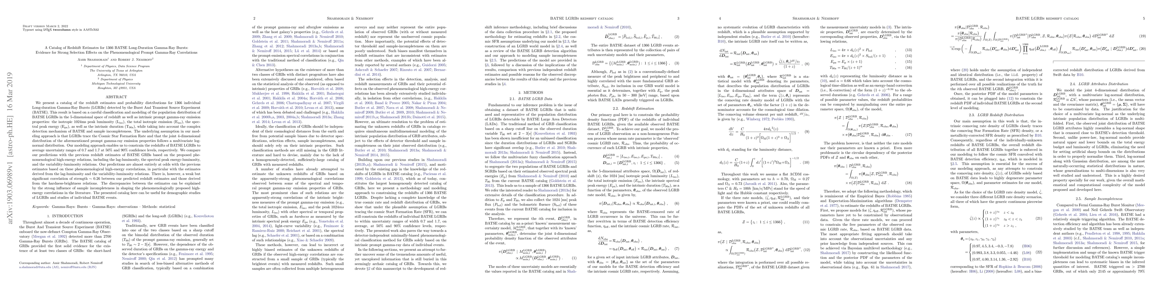 Thumbnail for A Catalog of Redshift Estimates for 1366 BATSE Long-Duration Gamma-Ray
  Bursts: Evidence for Strong Selection Effects on the Phenomenological Prompt
  Gamma-Ray Correlations
