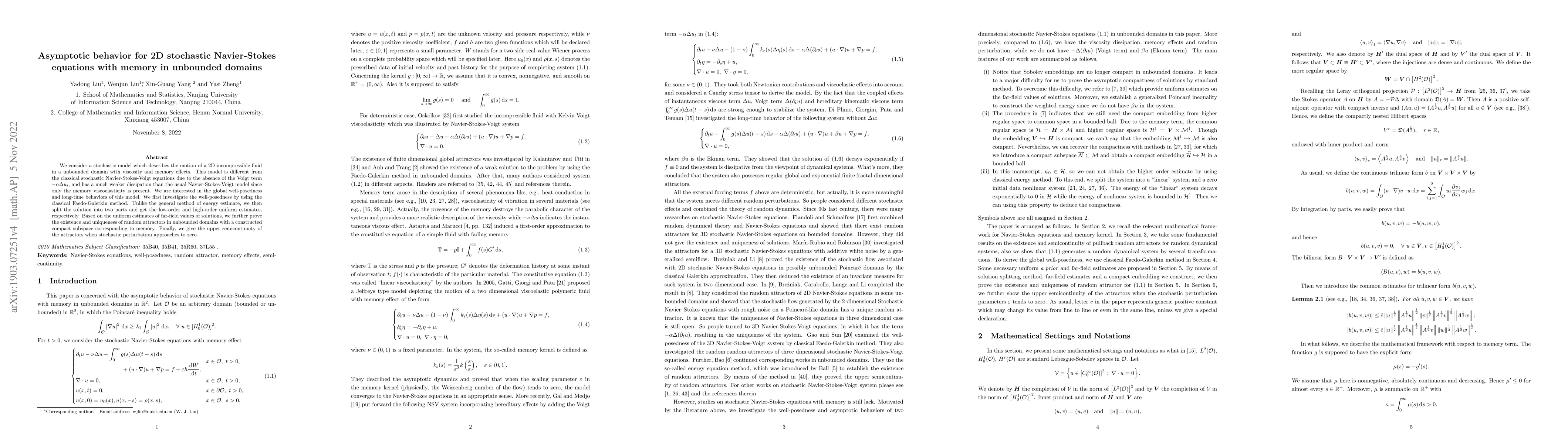 Thumbnail for Asymptotic behavior for 2D stochastic Navier-Stokes equations with
  memory in unbounded domains